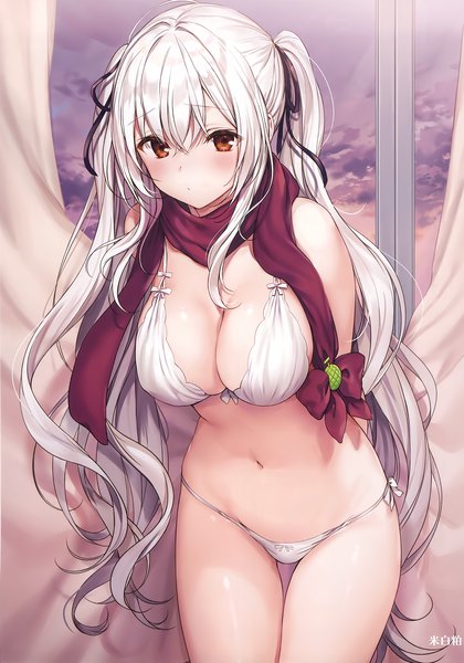 Anime picture 2105x3010 with melonbooks komeshiro kasu single long hair tall image looking at viewer blush fringe highres breasts light erotic hair between eyes large breasts standing bare shoulders brown eyes signed payot sky cleavage