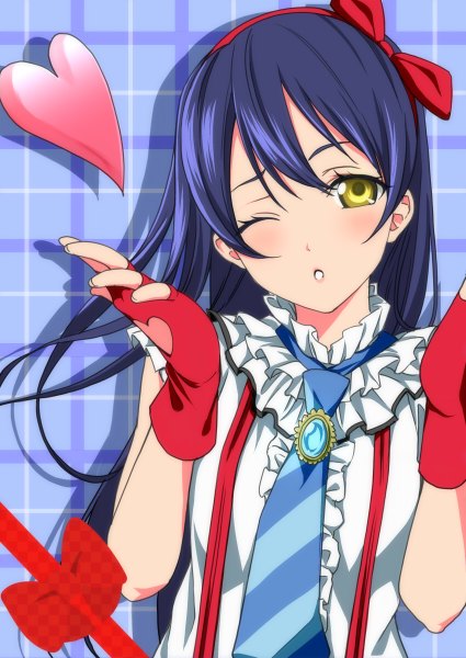 Anime picture 850x1200 with love live! school idol project sunrise (studio) love live! sonoda umi nishiuri warito single long hair tall image looking at viewer yellow eyes blue hair one eye closed wink blown kiss girl dress gloves heart hairband fingerless gloves