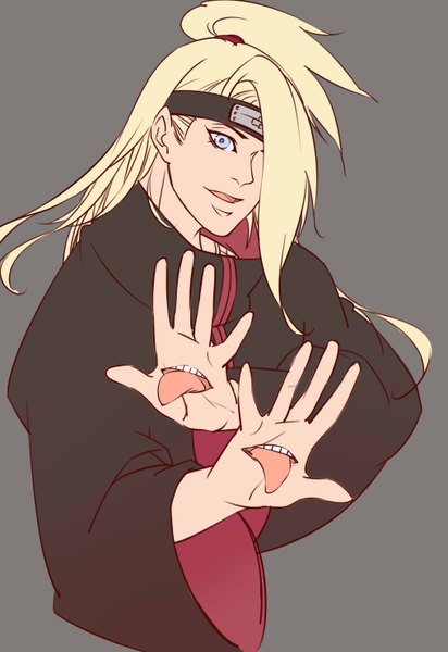 Anime picture 2031x2952 with naruto studio pierrot naruto (series) deidara later (chiyating) single long hair tall image looking at viewer fringe highres blue eyes simple background blonde hair ponytail parted lips hair over one eye grey background akatsuki boy