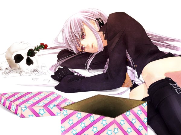 Anime picture 1500x1125 with dangan ronpa kirigiri kyouko yuki (artist) single long hair purple eyes silver hair lying girl gloves flower (flowers) boots skull box