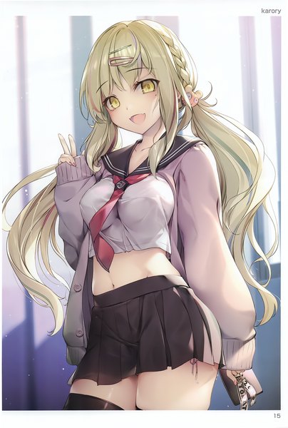 Anime picture 2040x3030 with comic toranoana karory single long hair tall image looking at viewer blush fringe highres breasts open mouth light erotic blonde hair smile standing twintails holding signed yellow eyes braid (braids)
