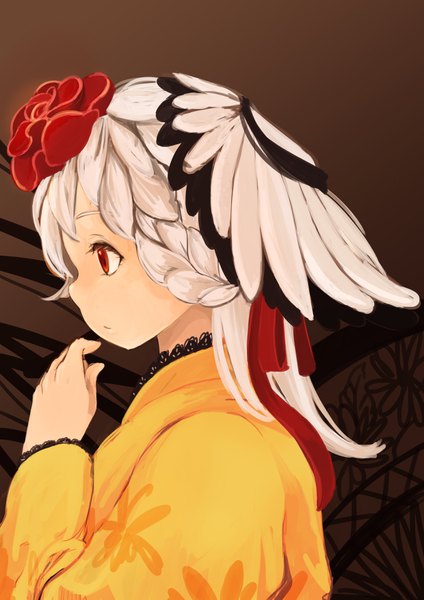 Anime picture 2480x3508 with original ikoan single long hair tall image fringe highres red eyes looking away upper body white hair braid (braids) traditional clothes japanese clothes profile hair flower side braid hand to mouth brown background albino