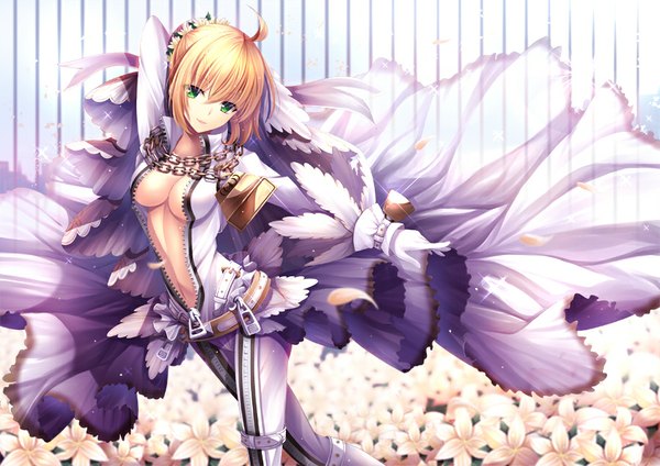 Anime picture 900x636 with fate (series) fate/extra fate/extra ccc type-moon nero claudius (fate) (all) nero claudius (bride) (fate) toshi (1-147) single looking at viewer short hair light erotic blonde hair green eyes cleavage ahoge hair flower girl gloves hair ornament flower (flowers)