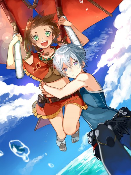 Anime picture 1000x1333 with suisei no gargantia production i.g amy (suisei no gargantia) ledo (suisei no gargantia) buun ko tall image looking at viewer blush short hair open mouth blue eyes green eyes looking away sky silver hair cloud (clouds) hug flying girl boy