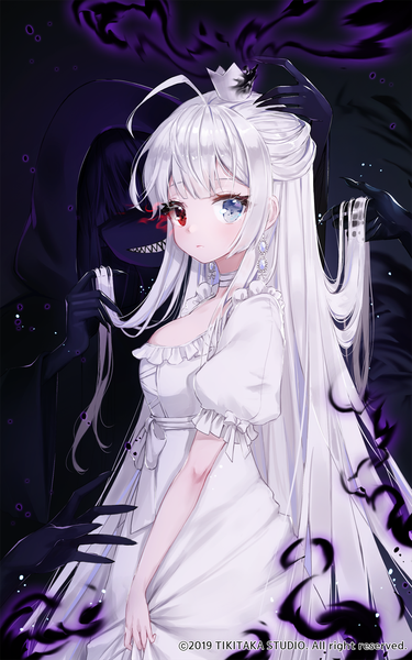 Anime picture 1125x1800 with arcana tactics ango long hair tall image looking at viewer fringe breasts blue eyes smile red eyes multiple girls payot cleavage ahoge white hair official art short sleeves puffy sleeves heterochromia turning head