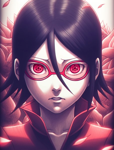 Anime picture 1024x1344 with naruto studio pierrot naruto (series) uchiha sarada madasamaaa single tall image looking at viewer fringe short hair black hair red eyes upper body parted lips realistic floral background sharingan girl glasses