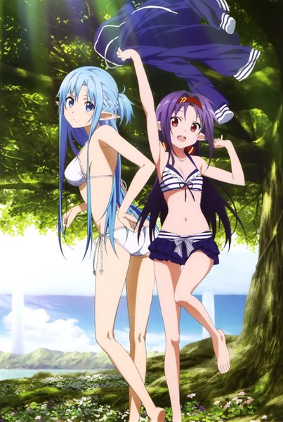 Anime picture 1714x2549 with sword art online a-1 pictures yuuki asuna yuuki (sao) asuna (sao-alo) long hair tall image highres light erotic red eyes multiple girls blue hair purple hair pointy ears scan official art elf girl navel 2 girls