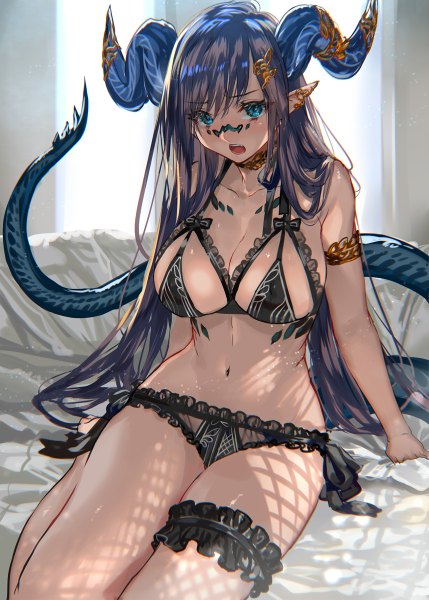 Anime picture 858x1200 with original ranou single long hair tall image looking at viewer blush fringe open mouth blue eyes light erotic hair between eyes brown hair sitting tail horn (horns) pointy ears arm support underwear only yokozuwari