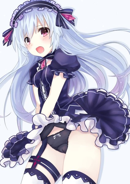 Anime picture 590x833 with fairy fencer f tiara (fairy fencer f) mikan no shiru single long hair tall image looking at viewer blush fringe breasts open mouth light erotic simple background white background white hair pink eyes from below short sleeves maid pantyshot
