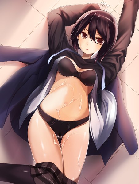 Anime picture 1206x1595 with kokoro connect silver link inaba himeko itosousou (artist) single tall image looking at viewer short hair light erotic black hair brown eyes cum on body girl thighhighs navel uniform underwear panties black thighhighs school uniform