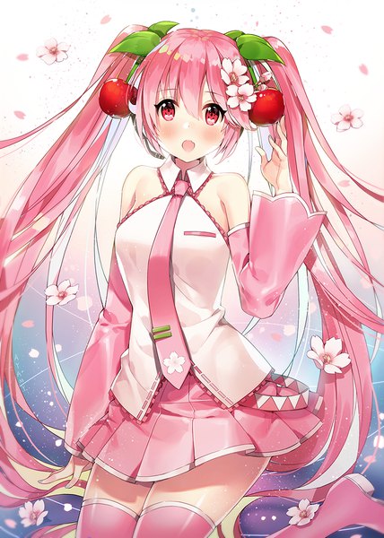 Anime-Bild 800x1122 mit vocaloid hatsune miku sakura miku ayami (annahibi) single tall image blush fringe open mouth hair between eyes twintails bare shoulders pink hair very long hair nail polish pink eyes hair flower zettai ryouiki cherry blossoms girl