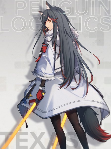 Anime picture 1920x2580 with arknights texas (arknights) texas (winter messenger) (arknights) rabe26k single long hair tall image highres black hair standing holding animal ears tail animal tail from behind shadow orange eyes official alternate costume dual wielding wolf ears