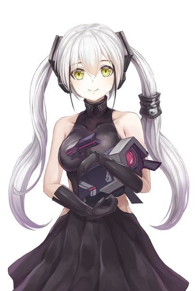 Anime picture 805x1200 with girls frontline dinergate (girls frontline) destroyer (girls frontline) lunacle single long hair tall image looking at viewer fringe breasts simple background smile hair between eyes large breasts white background twintails bare shoulders holding yellow eyes upper body