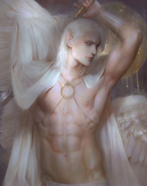 Anime picture 900x1140 with original zeilyan single tall image short hair blue eyes light erotic holding looking away nipples white hair pointy ears realistic bare belly armpit (armpits) muscle angel wings angel abs boy