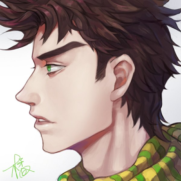 Anime picture 800x800 with jojo no kimyou na bouken joseph joestar (young) fan ju single short hair simple background brown hair green eyes signed profile grey background portrait eyebrows boy scarf striped scarf