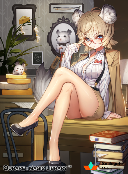 Anime picture 640x873 with qurare: magic library zodiac rat whoisshe single tall image looking at viewer short hair blue eyes light erotic blonde hair animal ears tail animal tail crossed legs clothes on shoulders adjusting glasses girl skirt miniskirt shirt