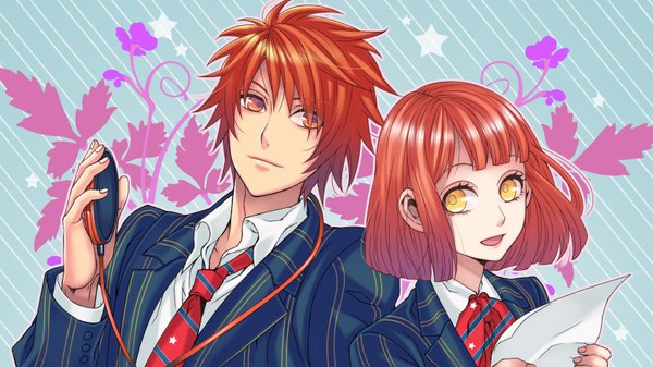 Anime picture 1600x900 with uta no prince-sama a-1 pictures nanami haruka (uta no prince-sama) ittoki otoya hatake michi short hair open mouth smile red eyes wide image yellow eyes red hair striped striped background girl boy uniform school uniform star (symbol) paper