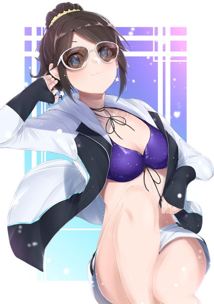 Anime picture 2894x4093 with idolmaster idolmaster shiny colors mitsumine yuika tutinako single tall image looking at viewer blush fringe highres short hair breasts blue eyes light erotic black hair simple background payot cleavage ponytail arm up