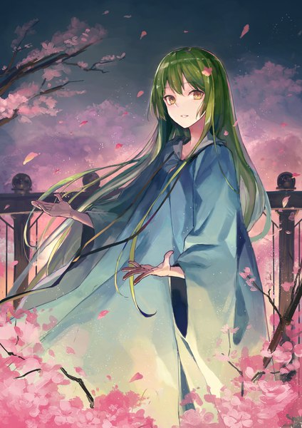 Anime picture 1240x1754 with fate (series) fate/strange fake enkidu (fate) kobuta single tall image looking at viewer standing yellow eyes very long hair green hair wind cherry blossoms androgynous boy petals branch