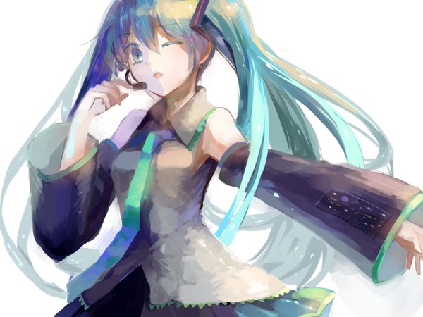 Anime picture 1400x1050 with vocaloid hatsune miku xinta single long hair looking at viewer open mouth simple background white background twintails bare shoulders one eye closed aqua eyes wink aqua hair singing girl skirt hair ornament necktie