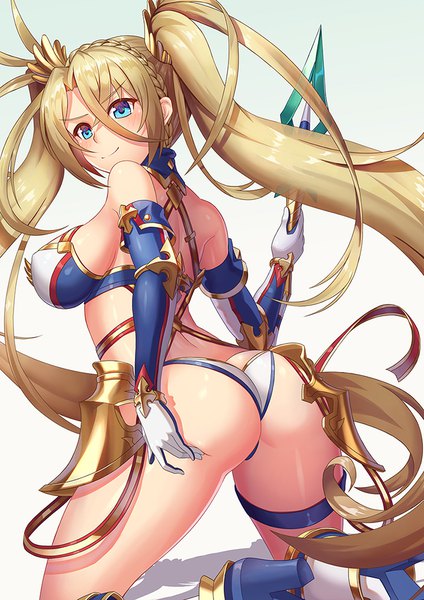 Anime picture 707x1000 with fate (series) fate/grand order bradamante (fate/grand order) tako seijin (takos000) single tall image looking at viewer blush fringe breasts blue eyes light erotic simple background blonde hair smile hair between eyes large breasts white background twintails bare shoulders