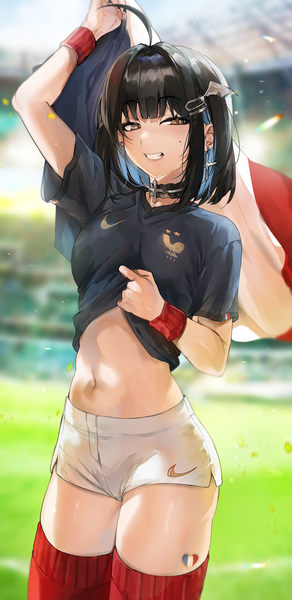 Anime picture 2222x4569 with original nike world cup 2022 fifa world cup irene (kanniiepan) kanniiepan single tall image looking at viewer fringe highres short hair black hair smile standing brown eyes ahoge blunt bangs multicolored hair arm up