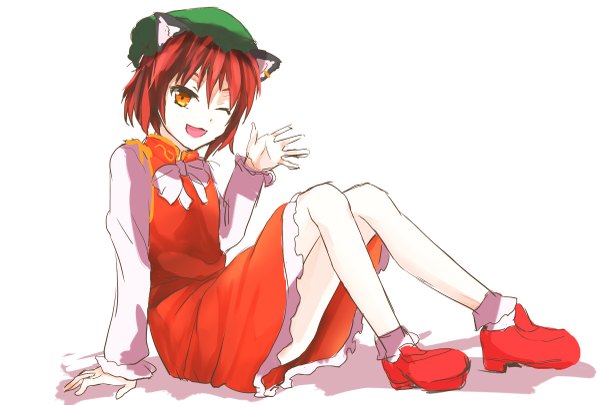 Anime picture 1200x811 with touhou chen tomozero single looking at viewer fringe short hair open mouth simple background hair between eyes white background sitting animal ears full body red hair one eye closed wink cat ears arm support cat girl