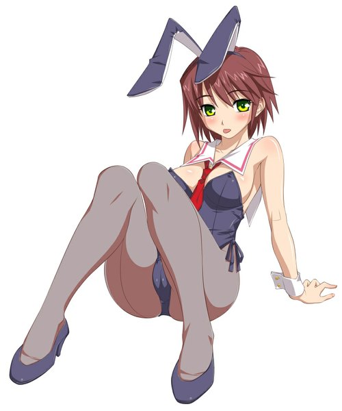 Anime picture 833x1000 with original asakura sakura single tall image blush short hair breasts light erotic simple background brown hair white background green eyes animal ears bunny ears cameltoe :p girl tongue bunnysuit