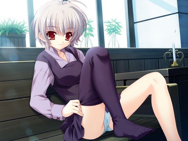 Anime picture 1600x1200 with boku no te no naka no rakuen (game) thea bohlscheid kurosaki (artist) short hair light erotic red eyes game cg silver hair pantyshot sitting girl thighhighs underwear panties black thighhighs