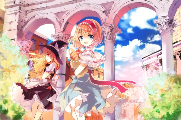 Anime picture 1211x807 with touhou kirisame marisa alice margatroid suzuran (betuaka0922) long hair looking at viewer short hair open mouth blue eyes blonde hair smile multiple girls yellow eyes sky cloud (clouds) looking back wind puffy sleeves crossed arms girl