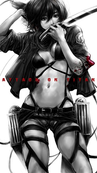 Anime picture 560x1002 with shingeki no kyojin production i.g mikasa ackerman single tall image looking at viewer fringe short hair breasts light erotic black hair simple background standing white background holding black eyes inscription open clothes midriff monochrome