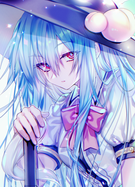Anime picture 871x1200 with touhou hinanawi tenshi here (hr rz ggg) single long hair tall image looking at viewer fringe hair between eyes blue hair upper body pink eyes puffy sleeves girl hat fruit peach