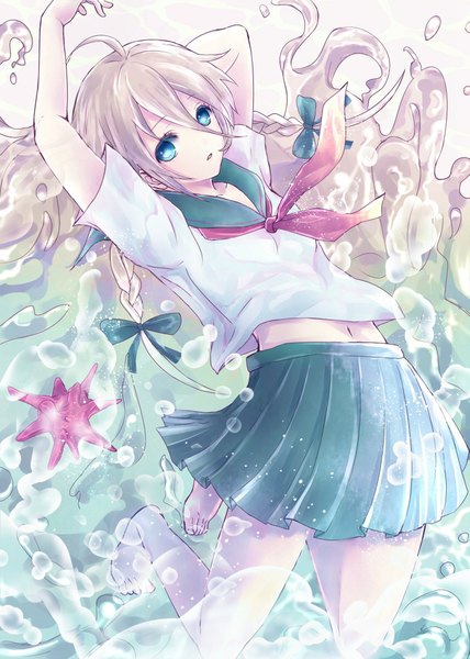Anime picture 1485x2080 with vocaloid ia (vocaloid) bottle ia (vocaloid) alicetype single long hair tall image looking at viewer fringe open mouth blue eyes white hair braid (braids) pleated skirt barefoot bare belly no shoes twin braids hand on head underwater
