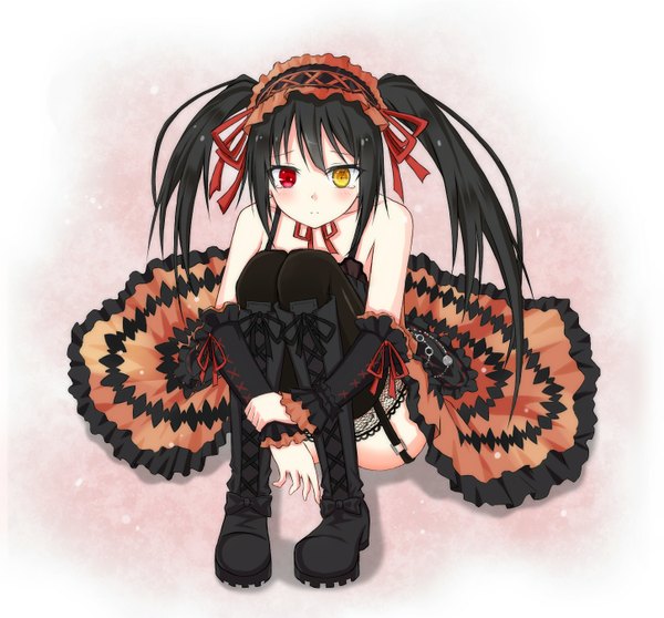 Anime picture 1450x1350 with date a live tokisaki kurumi whitel single long hair blush black hair sitting twintails tears heterochromia girl thighhighs dress black thighhighs boots frills headdress