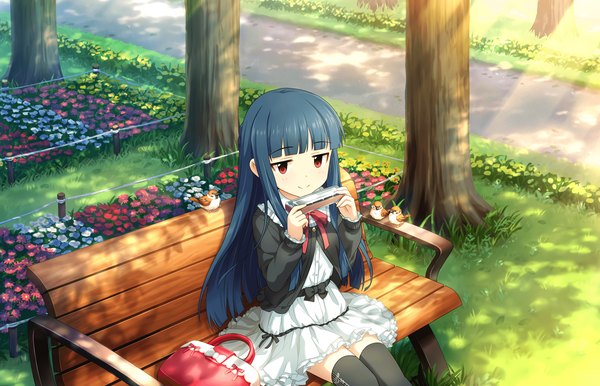 Anime picture 2560x1648 with idolmaster idolmaster cinderella girls sajou yukimi annindoufu (oicon) single long hair blush fringe highres smile red eyes sitting holding payot blue hair looking away outdoors blunt bangs from above official art