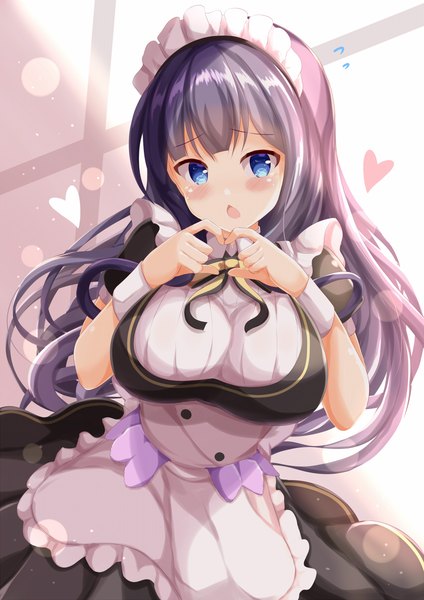 Anime picture 849x1200 with ongeki misumi aoi zenon (for achieve) single long hair tall image breasts open mouth blue eyes light erotic large breasts purple hair maid heart hands girl uniform headdress heart maid headdress wrist cuffs