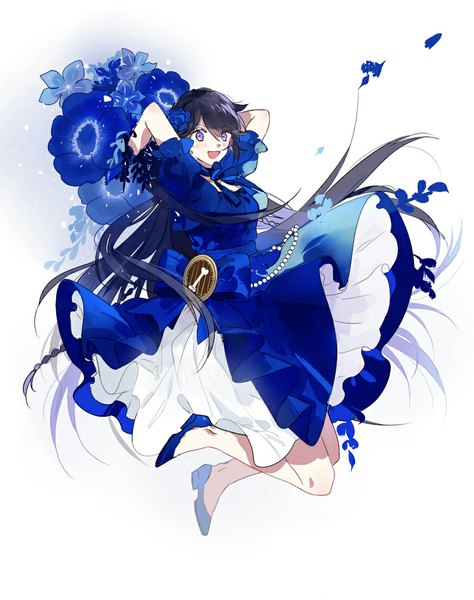 Anime picture 870x1100 with pandora hearts xebec alice (pandora hearts) shirashima yuri single tall image blush open mouth black hair simple background smile white background purple eyes very long hair hair flower puffy sleeves arms behind head jumping girl dress