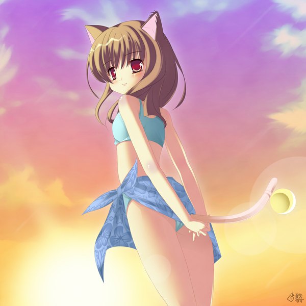 Anime picture 1024x1024 with natsumiya yuzu single smile red eyes brown hair animal ears tail looking back from behind cat ears from below cat girl cat tail evening sunset girl swimsuit bikini bell