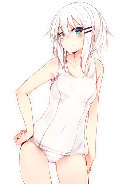 Anime picture 1000x1462 with original ringo-chan (otokuyou) otokuyou single tall image blush fringe short hair blue eyes light erotic simple background hair between eyes standing white background bare shoulders payot white hair bare legs leaning embarrassed