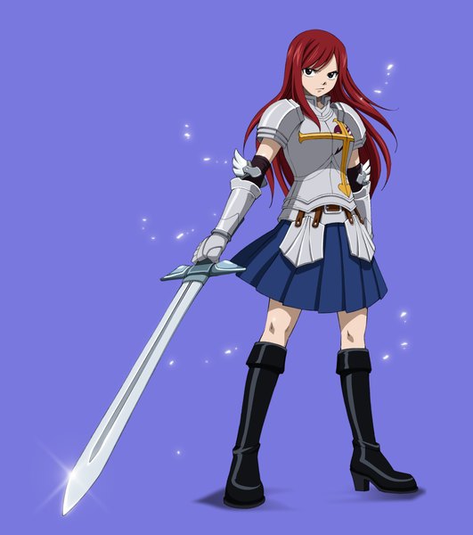 Anime picture 3429x3872 with fairy tail erza scarlet single long hair tall image highres simple background brown eyes absurdres red hair magic girl sword armor thigh boots
