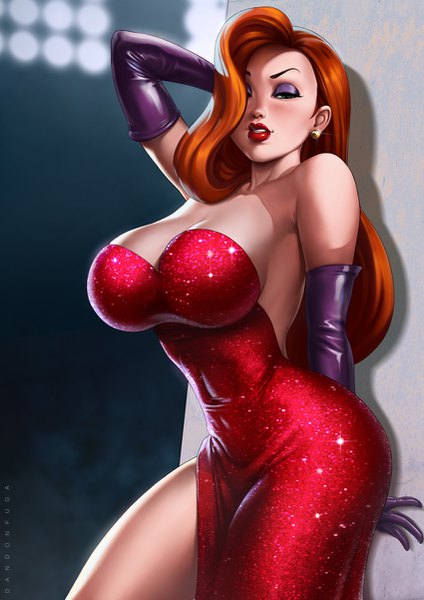 Anime picture 850x1202 with who framed roger rabbit jessica rabbit dandon fuga single long hair tall image fringe breasts light erotic large breasts standing bare shoulders green eyes signed cleavage parted lips arm up lips hair over one eye orange hair