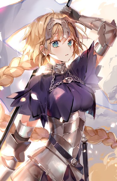 Anime picture 1000x1535 with fate (series) fate/grand order jeanne d'arc (fate) (all) jeanne d'arc (fate) b rock single tall image fringe breasts blonde hair hair between eyes upper body braid (braids) very long hair arm up aqua eyes single braid girl petals armor