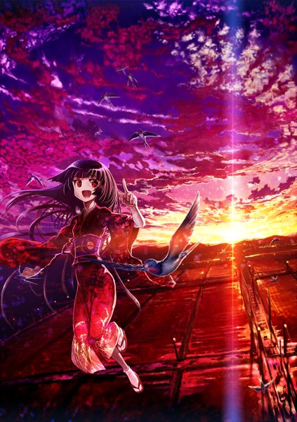 Anime picture 960x1360 with original lain (rinlain) single long hair tall image open mouth red eyes brown hair sky cloud (clouds) traditional clothes japanese clothes evening sunset flying landscape field girl animal belt
