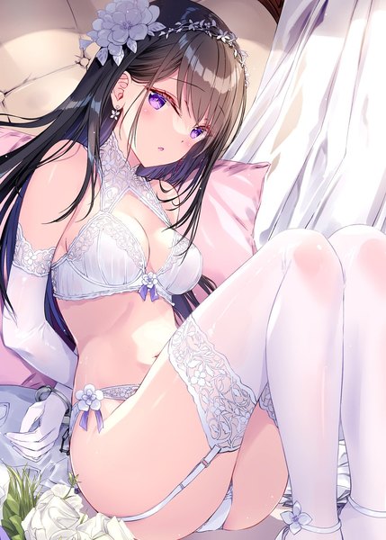 Anime picture 1019x1425 with original kobayashi chisato single long hair tall image looking at viewer blush light erotic black hair sitting purple eyes underwear only hands behind back lace-trimmed bra girl thighhighs gloves underwear panties white thighhighs