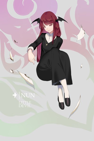 Anime picture 800x1200 with touhou koakuma hillly (maiwetea) single long hair tall image fringe red eyes full body red hair blunt bangs alternate costume head wings nun girl wings cross paper cross necklace