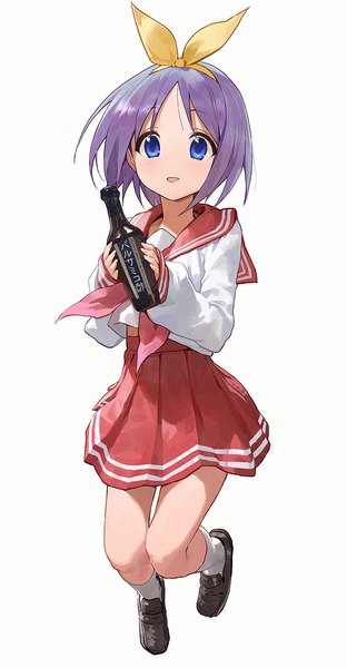 Anime picture 1000x1921 with lucky star kyoto animation hiiragi tsukasa modare single tall image looking at viewer blush short hair open mouth blue eyes simple background smile white background holding purple hair full body bent knee (knees) :d pleated skirt