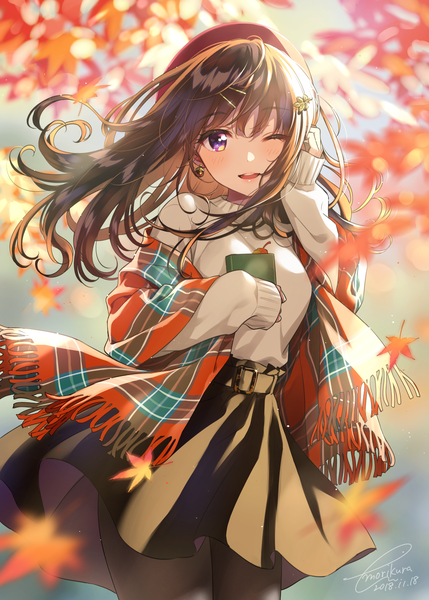 Anime-Bild 1295x1812 mit original morikura en single long hair tall image looking at viewer blush fringe open mouth smile hair between eyes brown hair standing purple eyes holding signed pleated skirt one eye closed wind sunlight