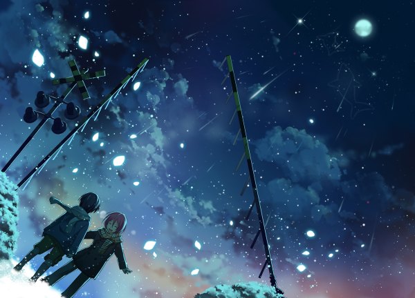 Аниме картинка 1200x864 с свобода! kyoto animation matsuoka rin нанасэ харука (свобода!) hirai yuzuki чёлка короткие волосы открытый рот чёрные волосы стоя розовые волосы небо облако (облака) ночь несколько мальчиков альтернативный костюм ночное небо спина счастливый снегопад
