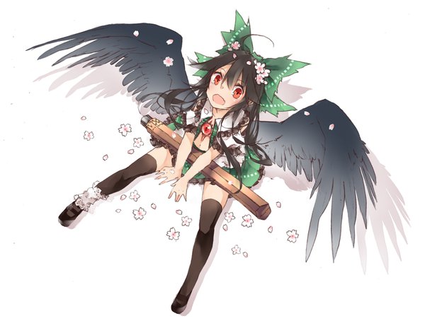 Anime picture 1650x1250 with touhou reiuji utsuho toutenkou single long hair blush fringe open mouth black hair simple background hair between eyes red eyes white background sitting looking away full body ahoge hair flower from above bare belly