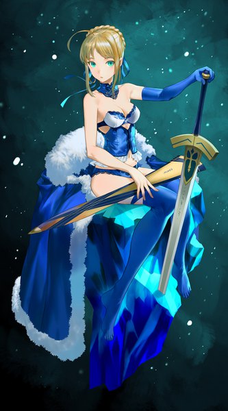 Anime-Bild 736x1323 mit fate (series) fate/stay night artoria pendragon (all) saber salmon88 single tall image looking at viewer blush fringe short hair breasts light erotic simple background blonde hair sitting bare shoulders holding payot cleavage